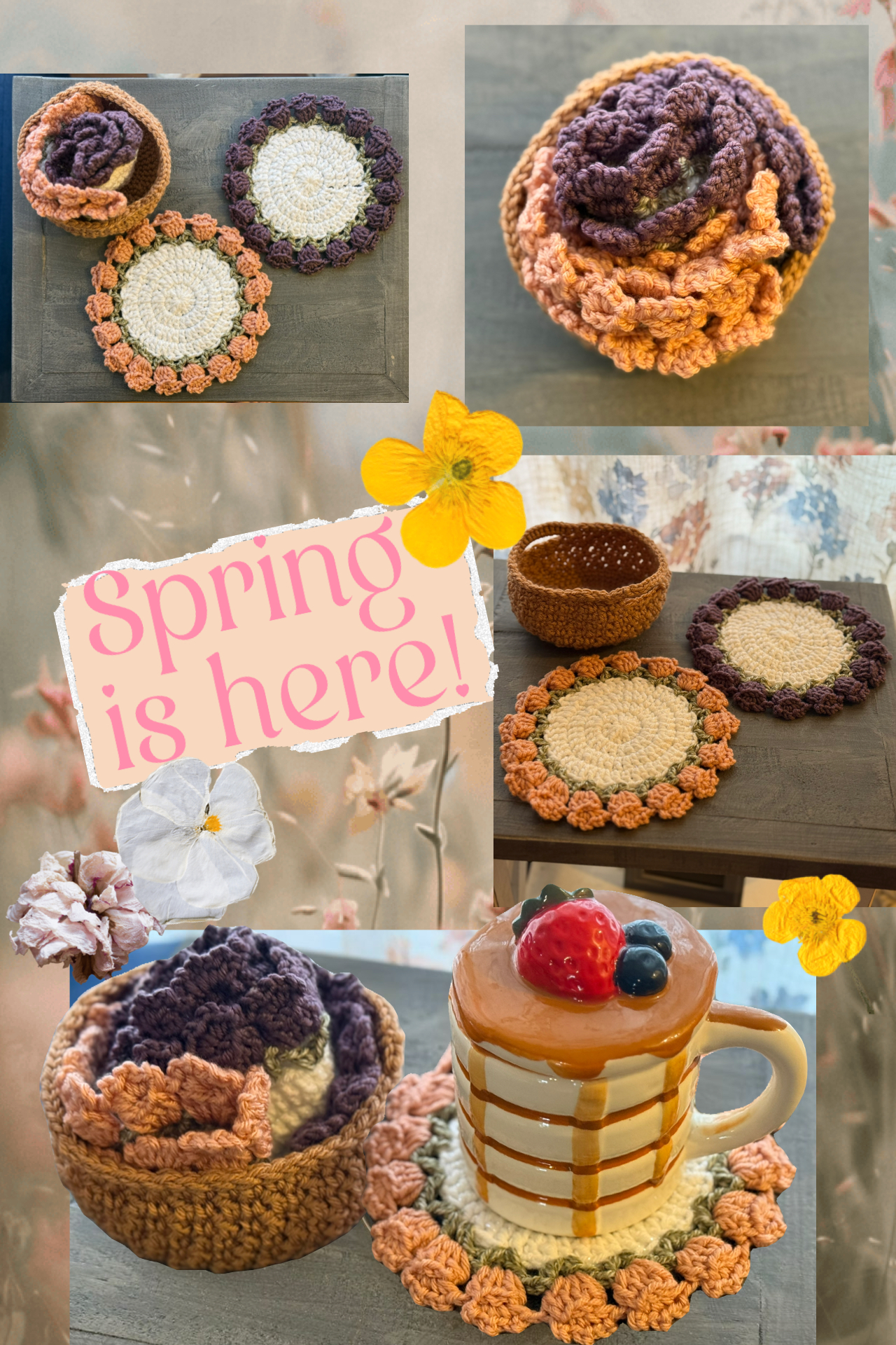 Pink and purple flower coasters collage